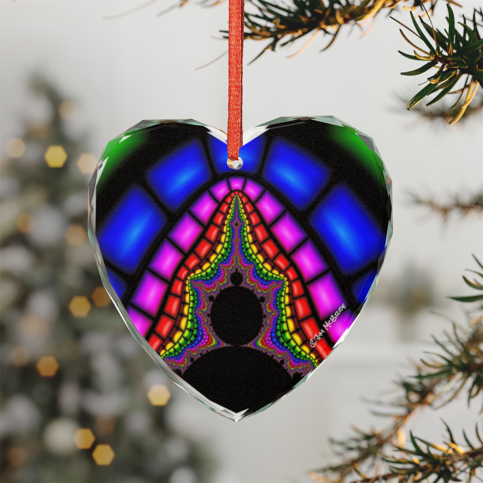 Crystal Glass Ornament: Psychedelic Fractal Mandala, Rainbow Shimmer