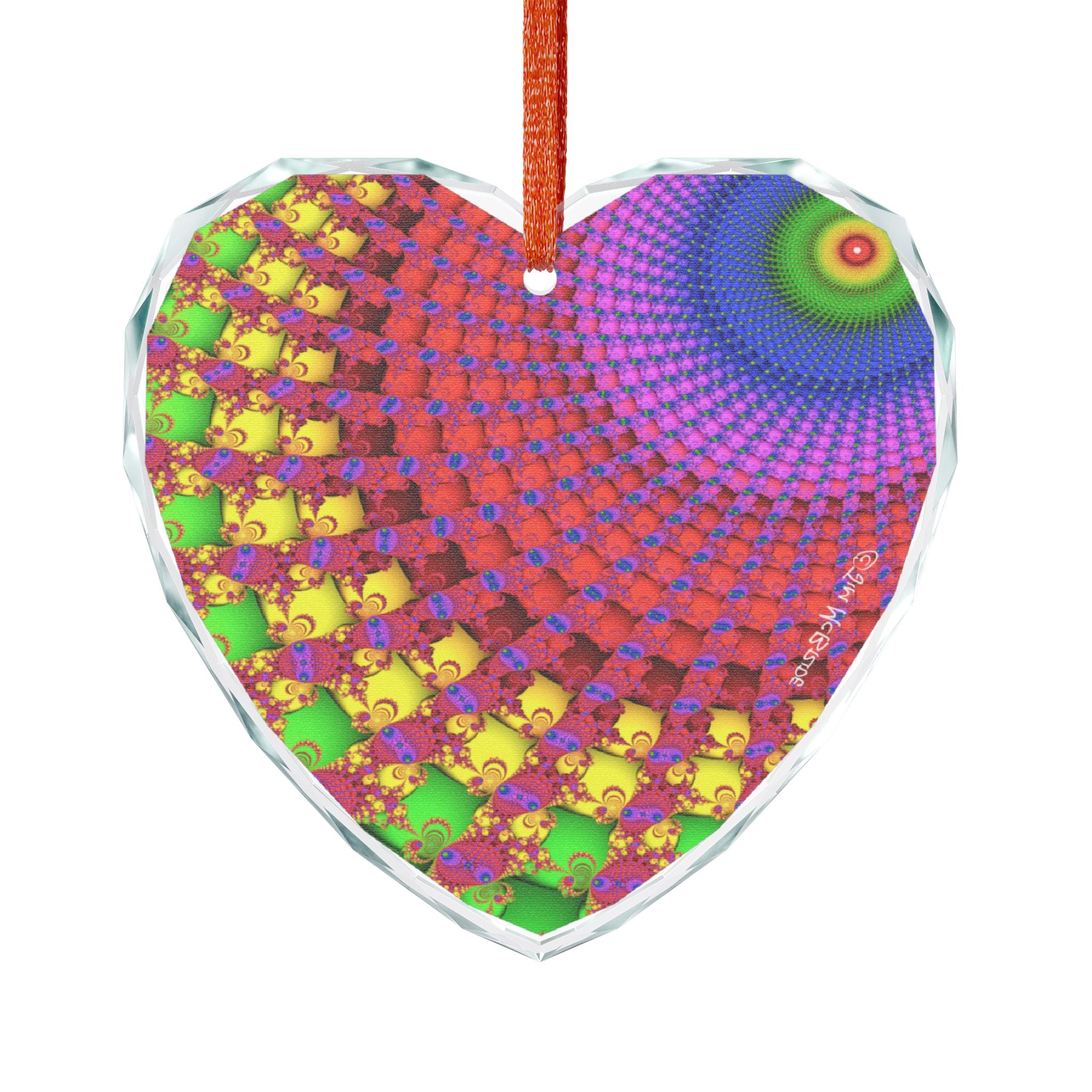 Crystal Glass Ornament: Psychedelic Fractal Mandala, Rainbow Shimmer