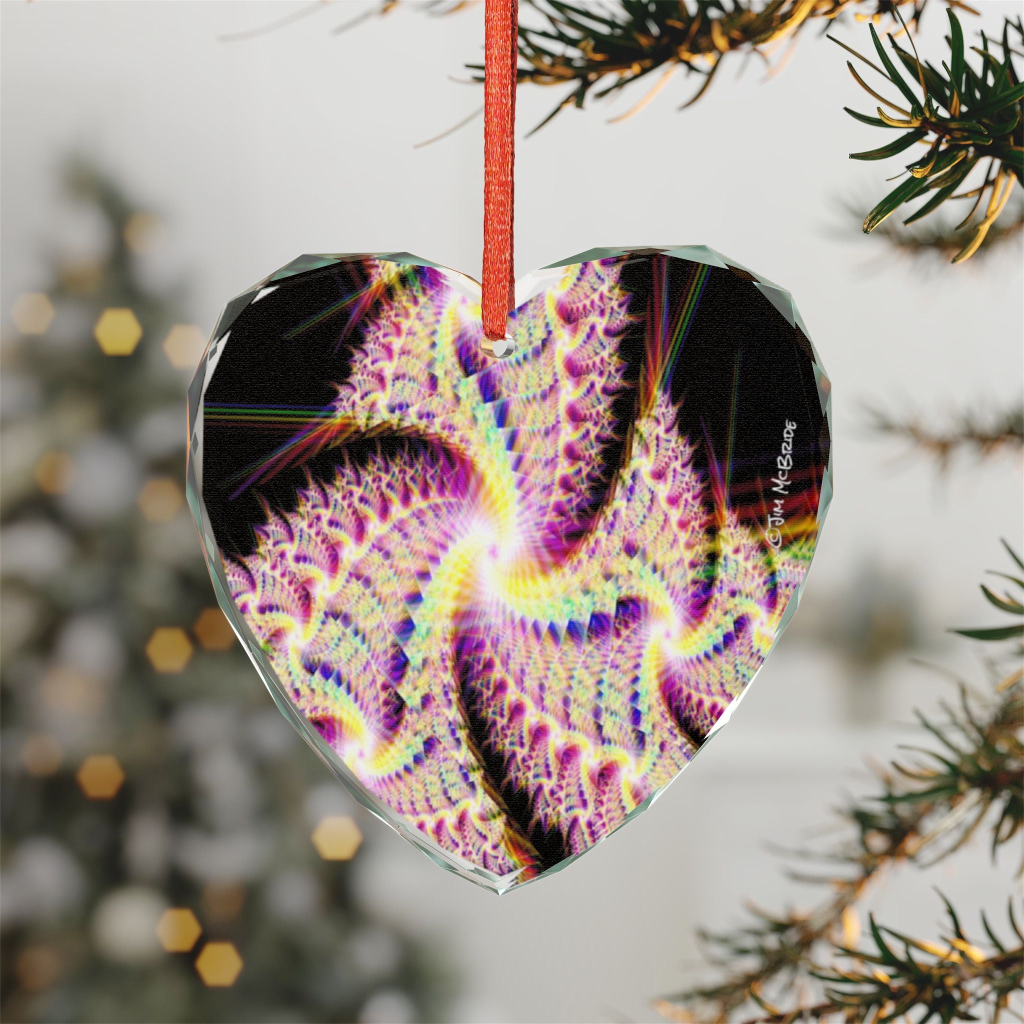 Crystal Glass Ornament: Psychedelic Fractal Mandala, Rainbow Shimmer