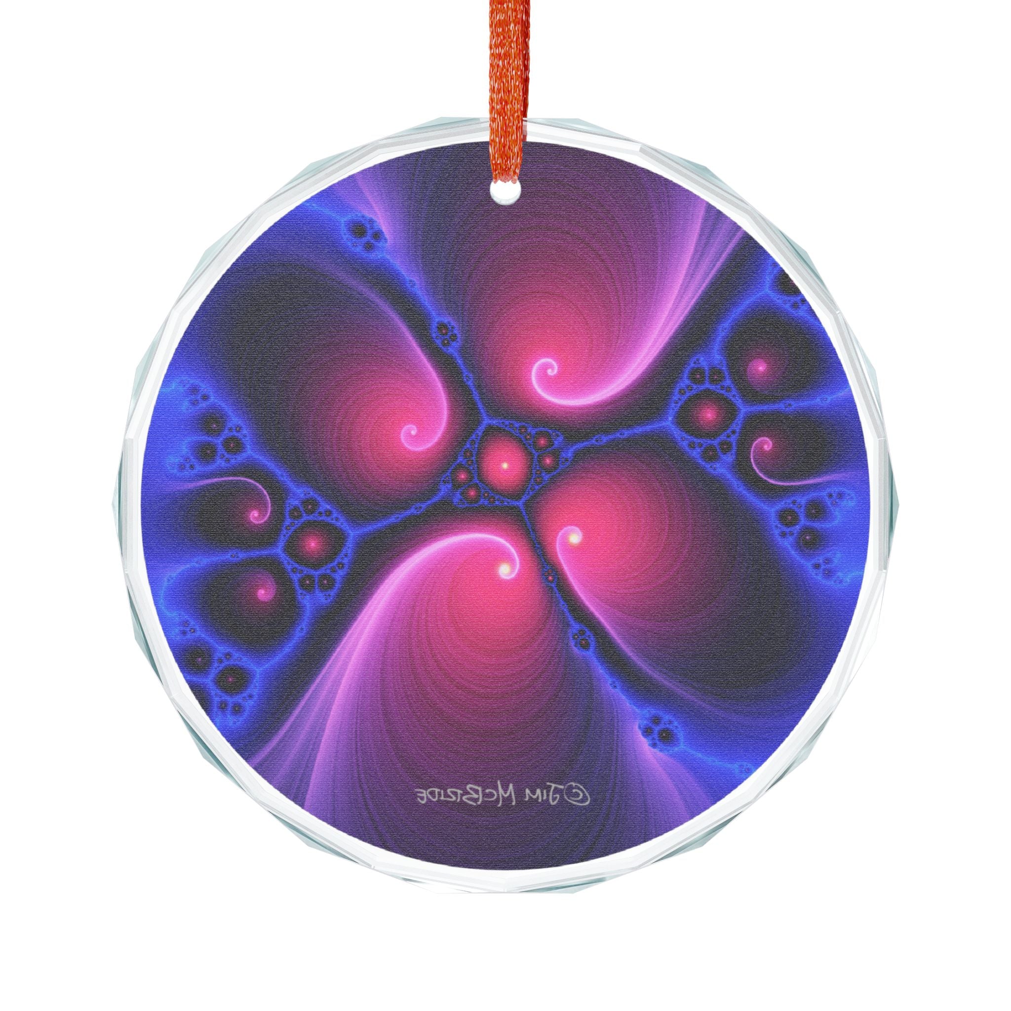 Crystal Glass Ornament: Psychedelic Fractal Mandala, Rainbow Shimmer