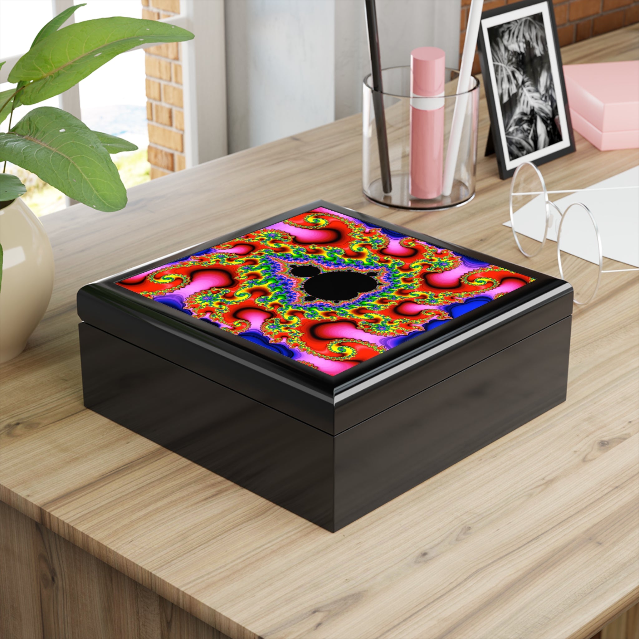 Fractal Mandala Jewelry Box, Psychedelic Decor, Vibrant Colors, Special Gift for Her, Boho Storage Organizer, Happy Home Decor