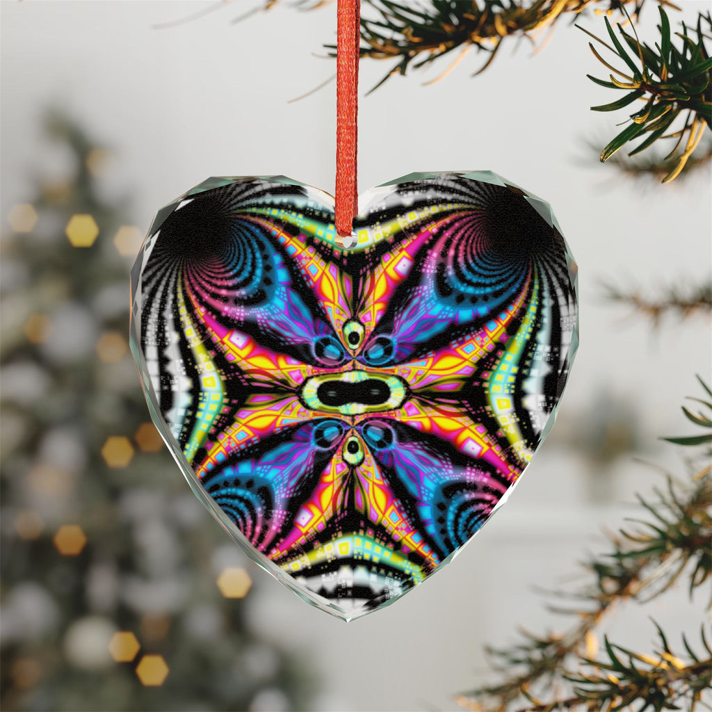 Crystal Glass Ornament: Psychedelic Fractal Mandala, Rainbow Shimmer