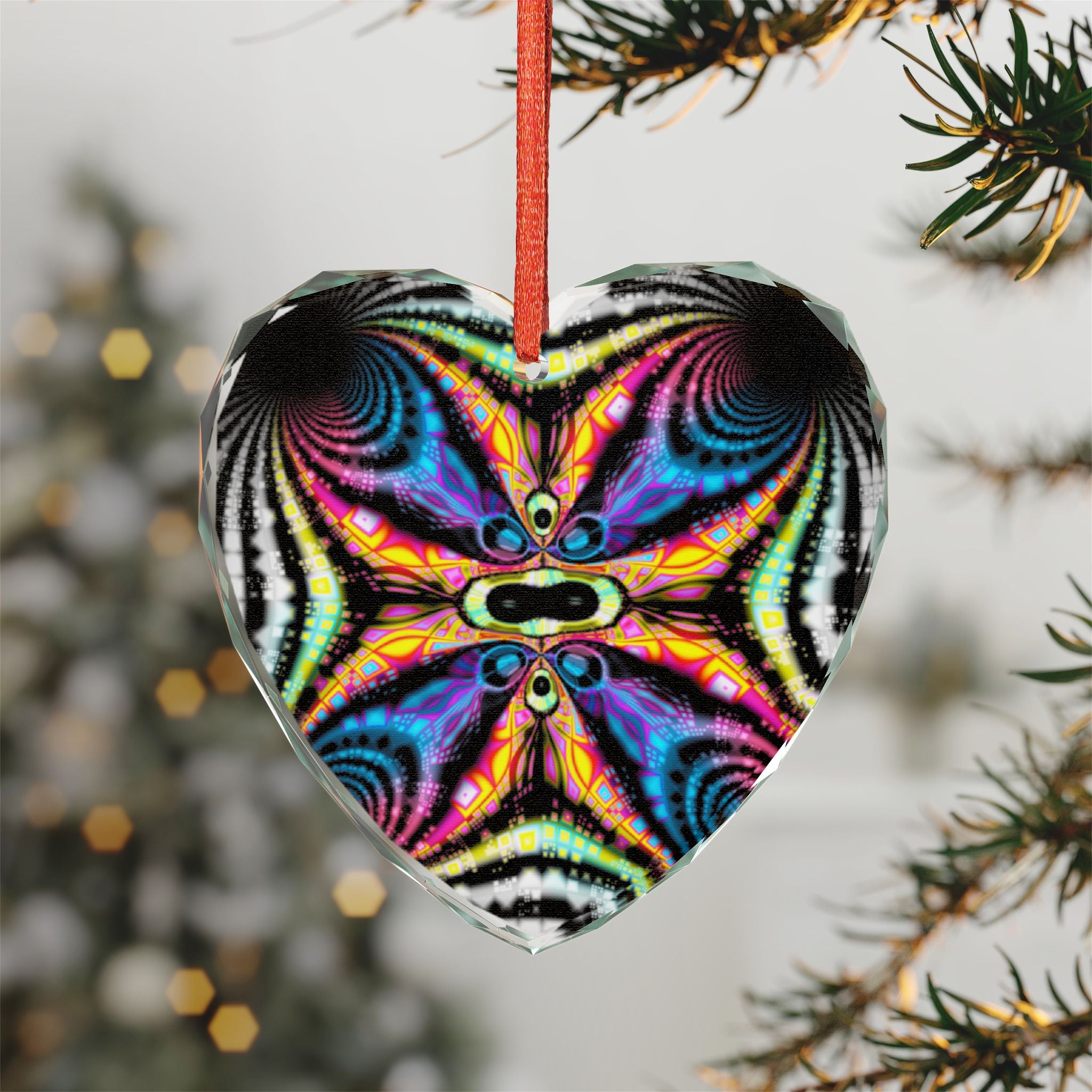 Crystal Glass Ornament: Psychedelic Fractal Mandala, Rainbow Shimmer