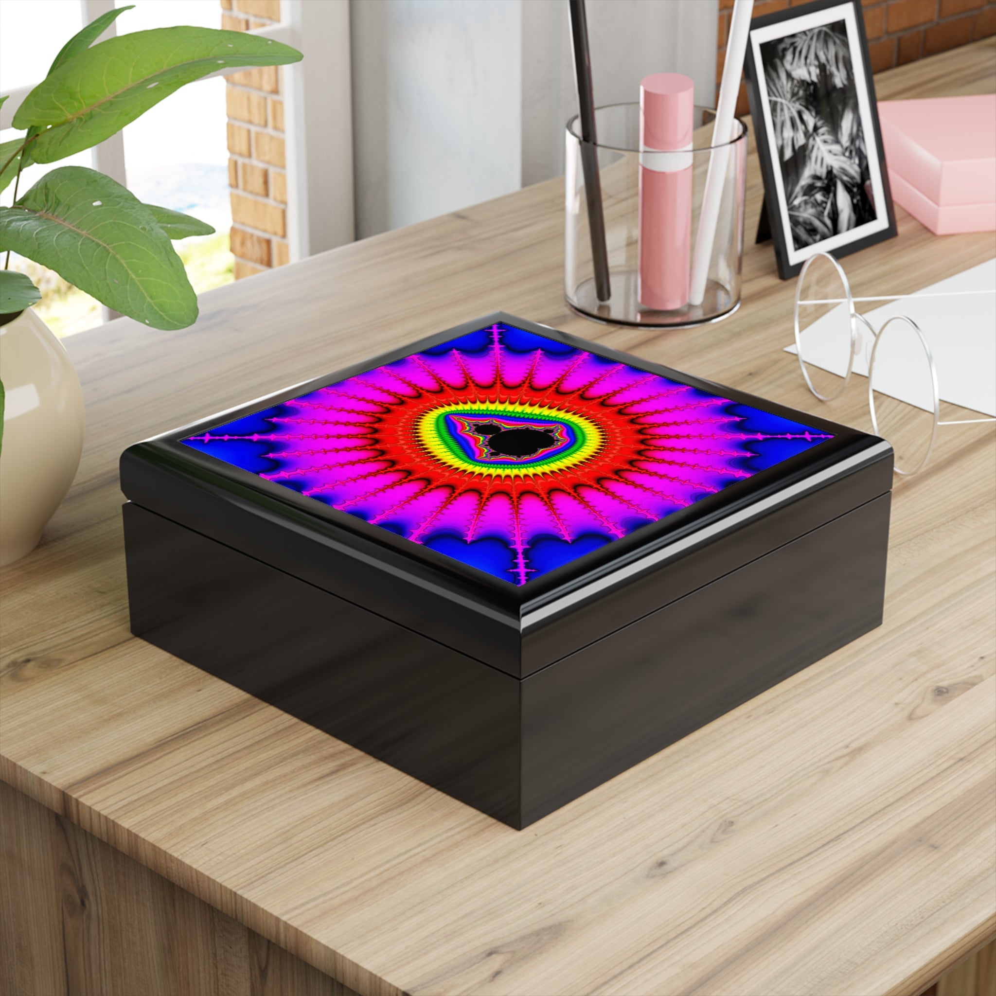 Fractal Mandala Jewelry Box, Psychedelic Decor, Vibrant Colors, Special Gift for Her, Boho Storage Organizer, Happy Home Decor