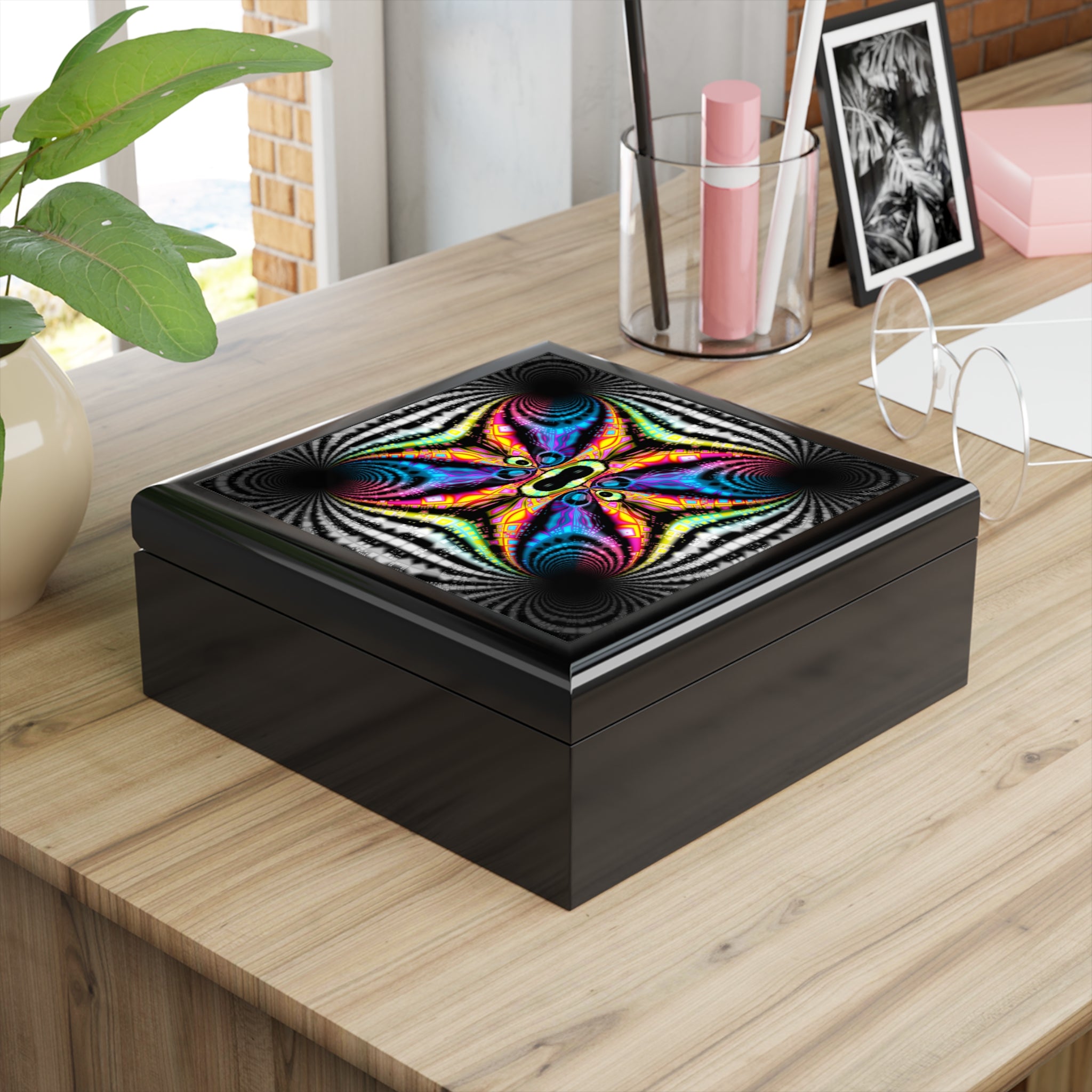 Fractal Mandala Jewelry Box, Psychedelic Decor, Vibrant Colors, Special Gift for Her, Boho Storage Organizer, Happy Home Decor, Trippy