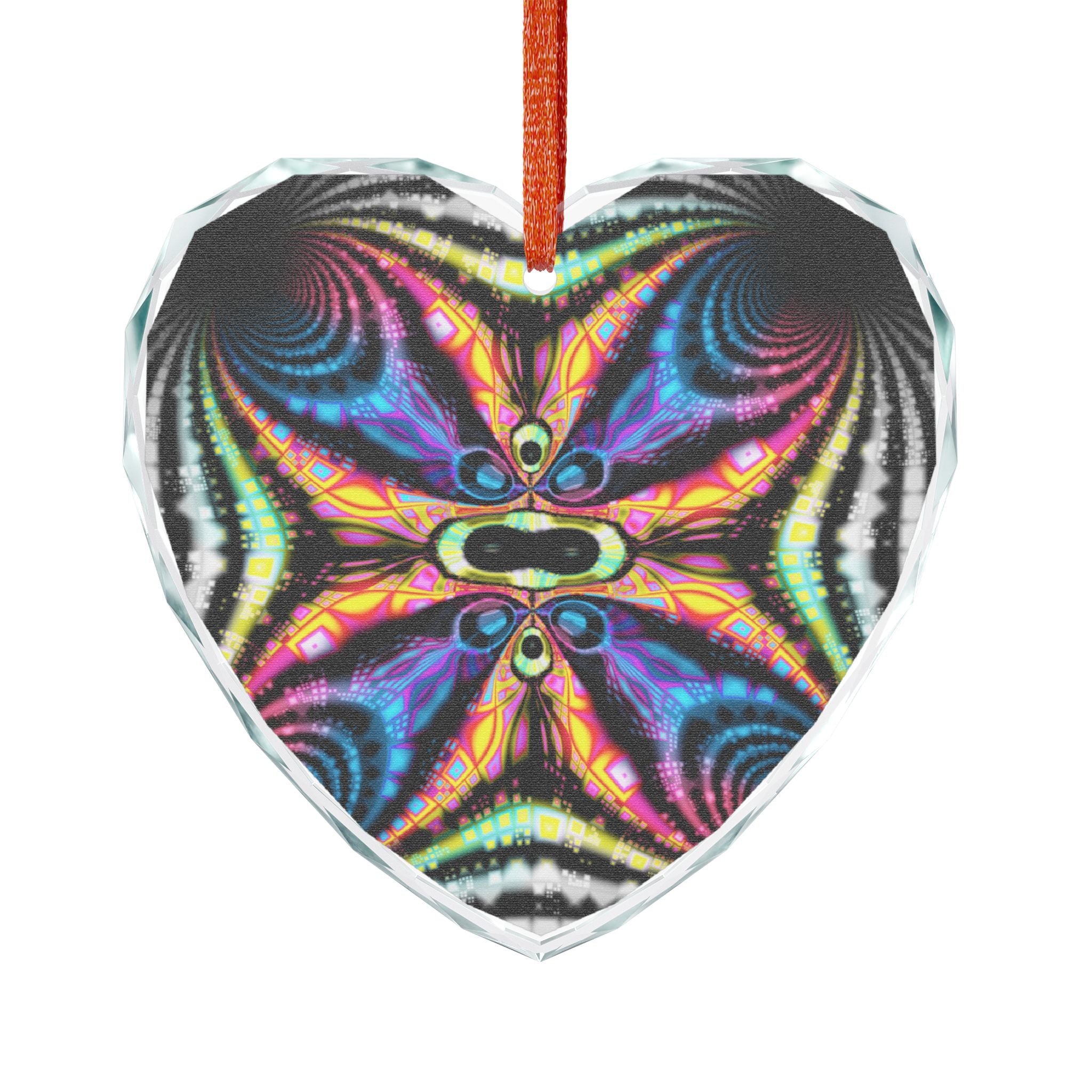 Crystal Glass Ornament: Psychedelic Fractal Mandala, Rainbow Shimmer
